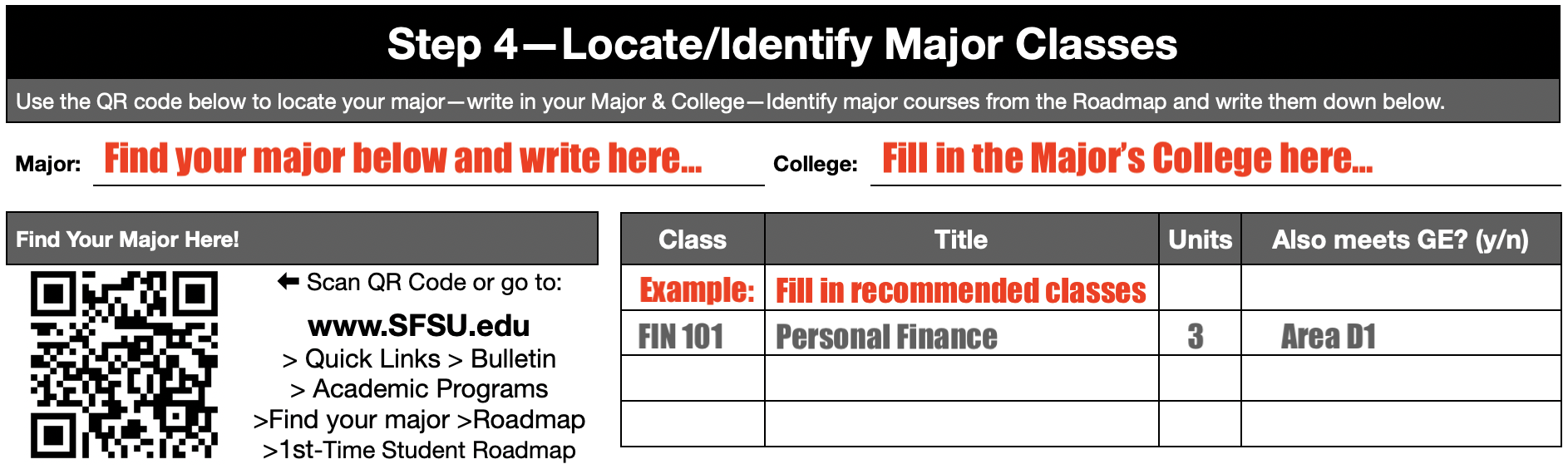 Example for Step 4 - Recommended Major courses