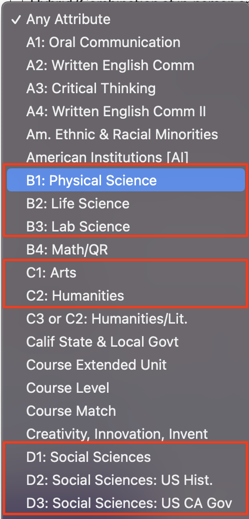 Course Attribute Menu