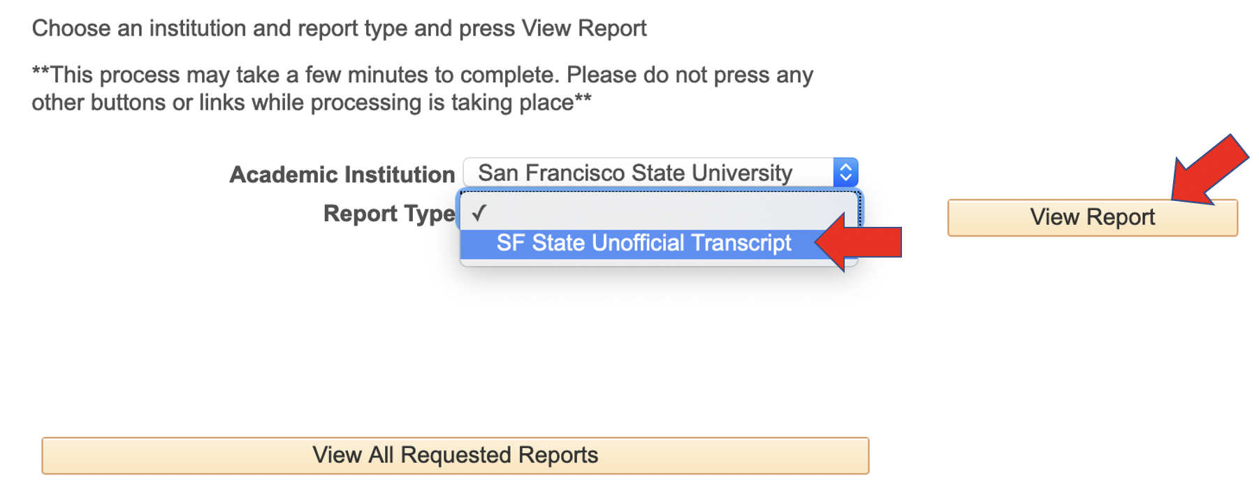 View report button to click to click to see the unofficial transcript