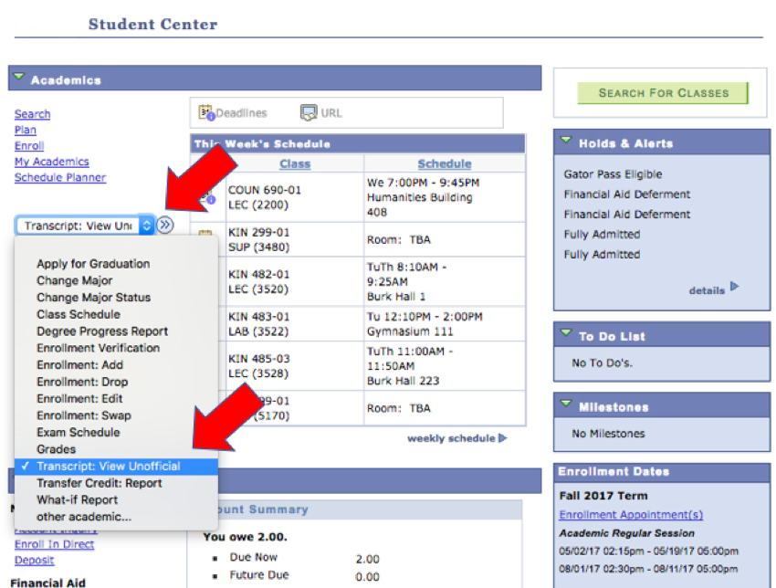 View unofficial transcript menu option in the student center