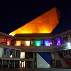 Cesar Chavez Student Center in rainbow color
